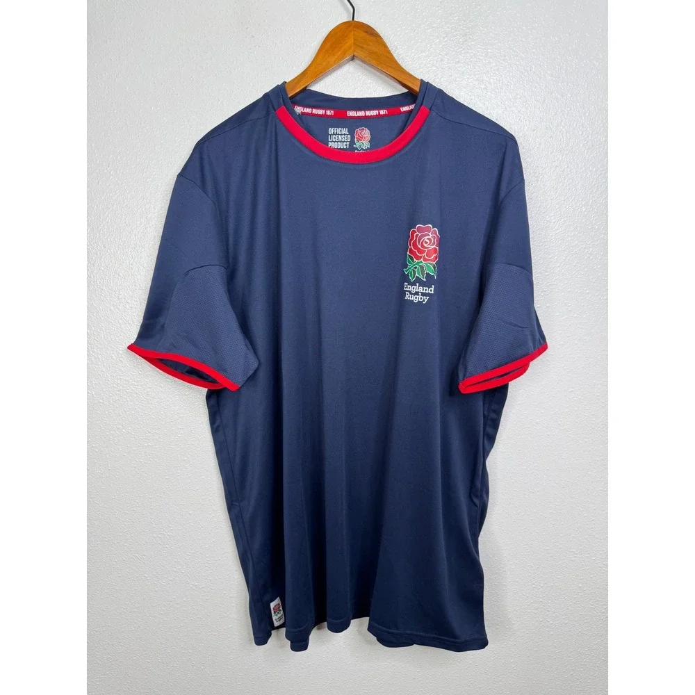 England Rugby Official Licensed Training Shirt Mens XXL Navy Blue Red Rose Logo‎